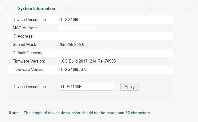 Skärmklipp av systeminformation med TL-SG108E enhetsbeskrivning och firmware-version.