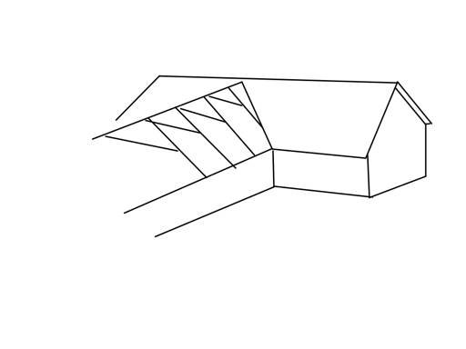 Handritad skiss av ett tak med markerade skärningslinjer och avkortad takstol.