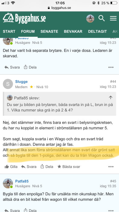 Skärmdump från diskussionsforum med textinlägg om elektriska installationer.