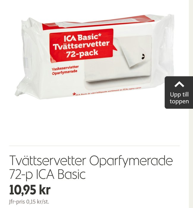 ICA Basic oparfymerade tvättservetter 72-pack för 10,95 kr.