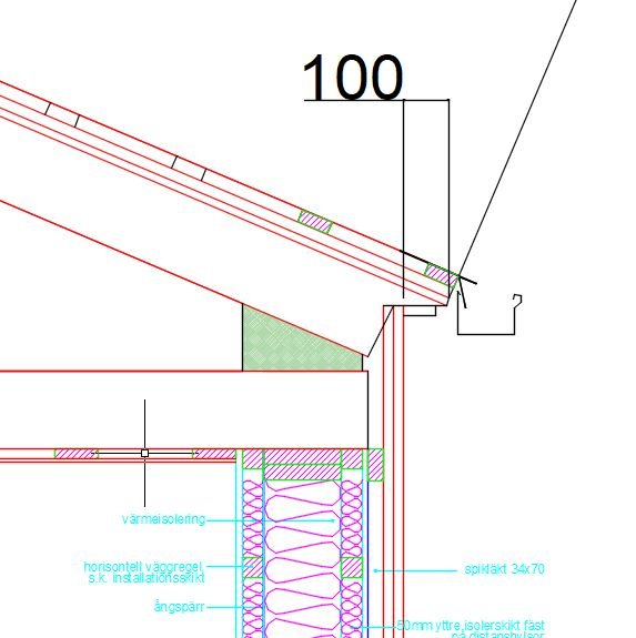 Teknisk ritning av en takstol med markerat nytt stöd i grönt och detaljerade dimensioner för byggprojektet.