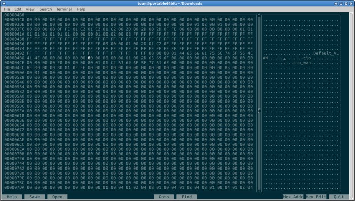 Skärmdump av en hex-editor som visar en konfigurationsfil med ändringar i VLAN-inställningar.