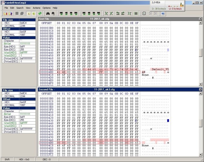 Skärmdump av Hex-redigerare med ändrad VLAN-konfiguration; textraden 'Default_VLAN' markerad och ändrad till '80'.