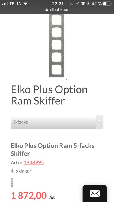 Elko Plus Option 5-facks ram i skiffer, visas på en e-handelswebbplats med pris och artikelnummer.