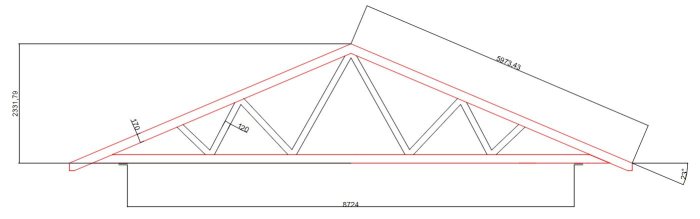 Schematisk ritning av en takstol med dimensioner och vinklar för ett byggprojekt.