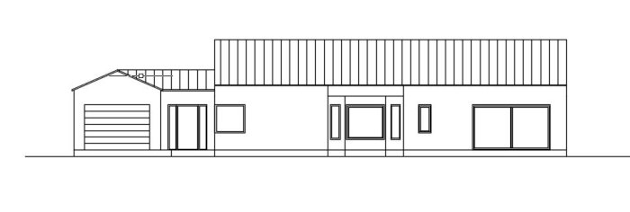 Arkitektritning av en enplansvilla från framsidan.