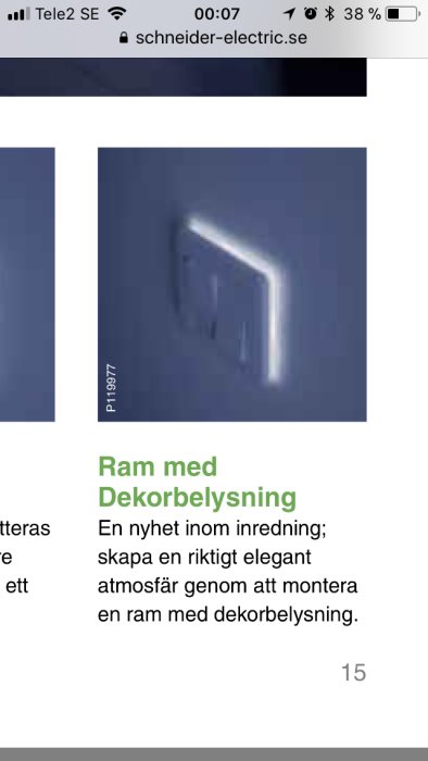 Lysande dekorbelysning ram monterad på vägg, från 2011 års katalog, beskriven som elegant inredningsnyhet.