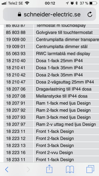 Skärmbild av en produktkatalog från Schneider Electric med artikellista för elinstallationsmaterial.