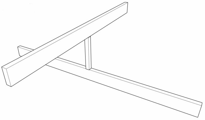 Skiss av en konstruktion med ett mittkryss där en stolpe stöder en nockbalk mitt under dess längd, föreslaget för att minska taklast.