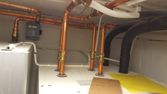 Värmepumpsinstallation med 22mm kopparledningar och tillbehör i ett teknikrum.