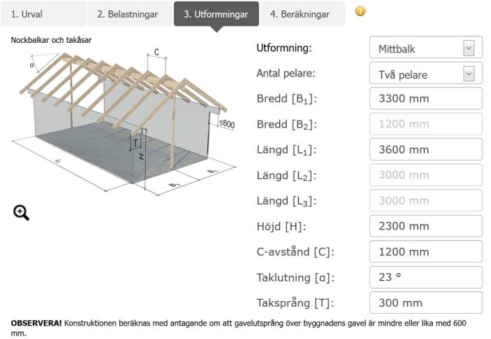 3D-rendering av en takkonstruktion med takstolar och dimensioneringsgränssnitt från en byggapp.