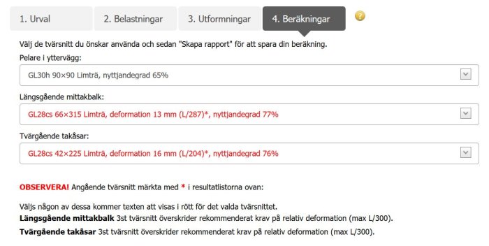 Skärmdump av byggkalkylator där trädimensioner och deformationer visas med varningsmeddelande.