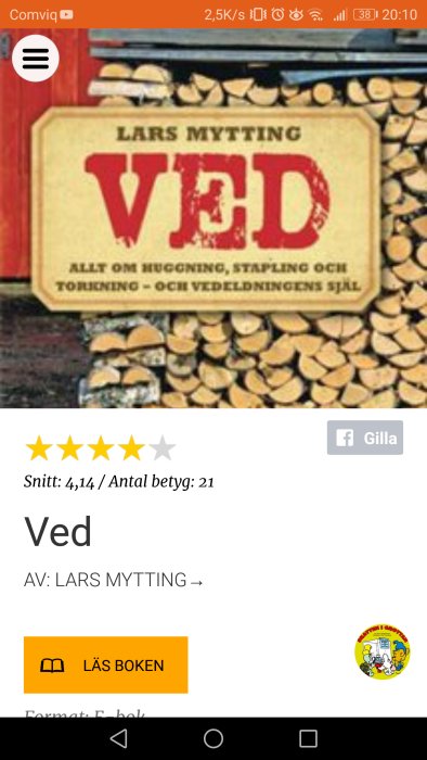 Skärmdump från Storytel med omslaget till boken "Ved" av Lars Mytting och betyg 4,14 av 5.