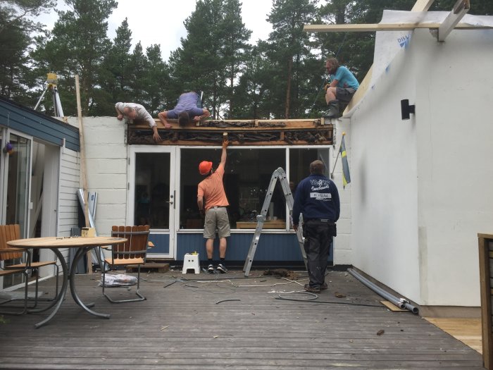 Renovering av bärande glasparti med personer som arbetar på tak och fasad mot en skogsbackgrund.