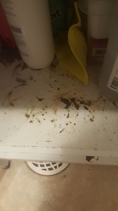 Använd tvättbänk med tecken på användning och flagnande färg, flankerad av rengöringsprodukter.