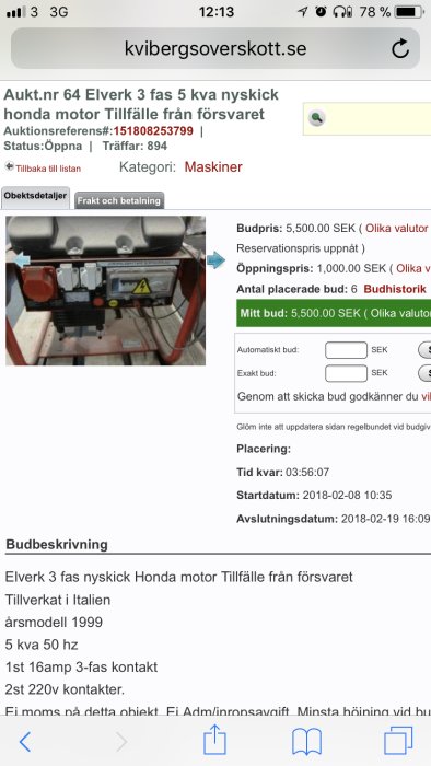 Skärmbild av en auktionsannons för ett begagnat tre-fas elverk på kvibergsoverskott.se.