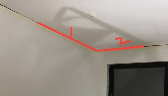 Hörn av ett rum med markerade linjer för placering av 135 och 90 grader taklist vid taket.