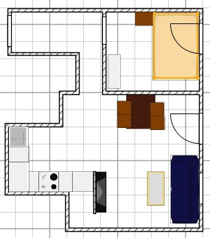 Ritning av parallellkök layout med möblering inklusive L-format kök, soffa, TV och städskrubb.