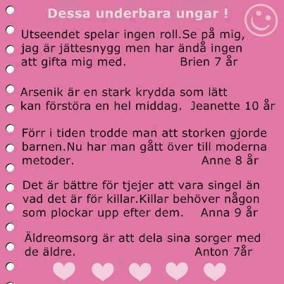 Skärmdump av ett foruminlägg med rosa bakgrund och textcitat från barn om äktenskap, matlagning och äldreomsorg.