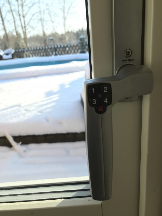 Altandörr med kodlåshandtag från Assa Abloy, snöig utsikt i bakgrunden.