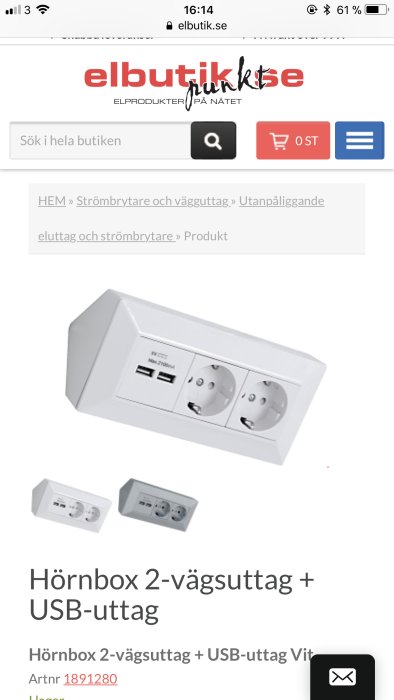 Hörnbox 2-vägsuttag med USB-portar på en webbplats för elprodukter.