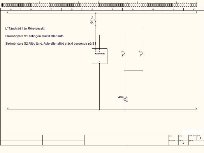 Kretsschema med rörelsevakt och två strömbrytare anslutna till en lampa, förklarande installation av elektrisk krets.