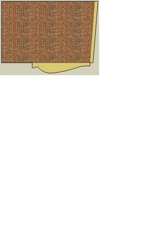 Teglvæg illustreret med lag af isolering, viser kant i kant med væggens synlige side.