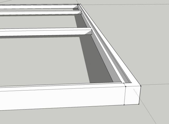 A wooden frame structure with slots for inserting 7mm plywood, showing beams and support elements in a construction plan.