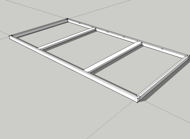 A wooden frame design for a DIY project, showing a rectangular structure with vertical and horizontal beams, suitable for installing plywood.