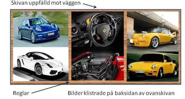 Collage of car images on a wooden panel, used as a decorative frame for a folding table; features sports cars and interior shots.