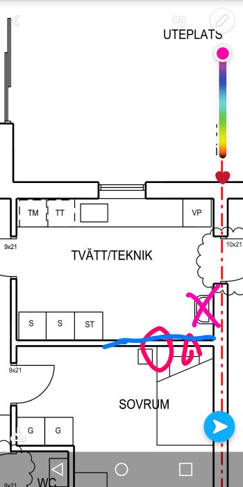 Ritning av husplan med utmarkerat område där balken har otillräckligt upplag i en bärande vägg.