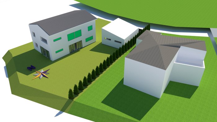 3D-översiktsbild av tomt med planerad placering av hus och garage, med omgivande grönska.