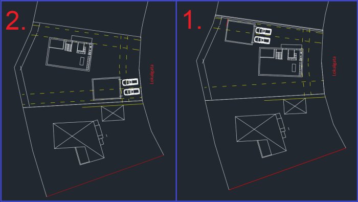 3D-planeringsskisser över två husplaceringar på en tomt med mått och biluppställning.