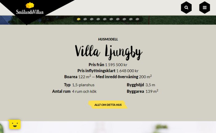 Skärmbild av Smålandsvillans hemsida visar husmodellen "Villa Ljungby" med priser och specifikationer.