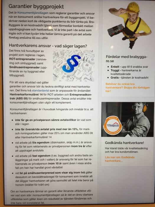 Skärmavbild av en artikel om garantier i byggprojekt med paragraf-symbol, samt en verktygsbärande arbetare.