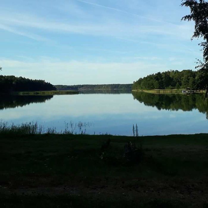 Lugn sjö med spegelblank yta och skog i bakgrunden under en klarblå himmel vid solnedgång.