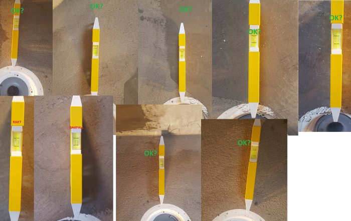 Kollage av bilder som visar ett golv runt en golvbrunn med vattenpass; texten "OK?" och "BAKFALL" indikerar lutningen.