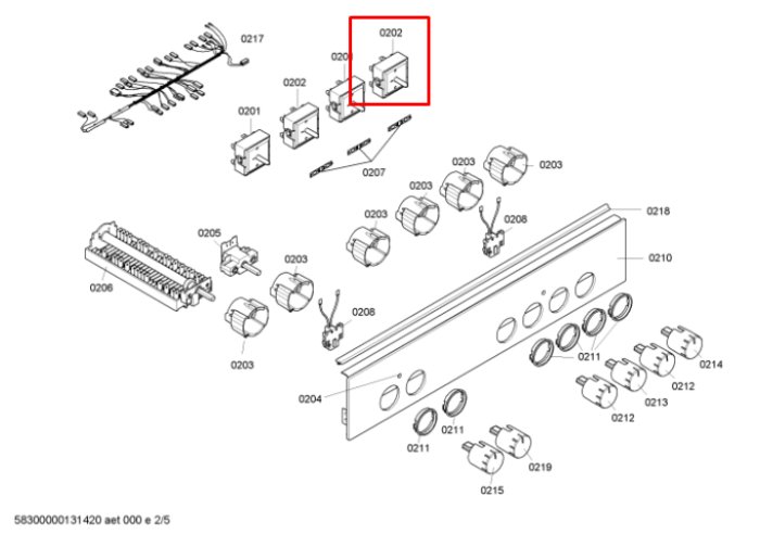 Exploded view illustration of a stove highlighting the heat regulator component (0202).