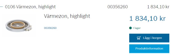 Värmeelement till glaskeramikhäll märkt som '0106 Värmezon, highlight' med pris och artikelnummer, tillgänglig att lägga i korgen.