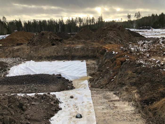 Grävarbete på byggplats med synliga krosslager och plast, delvis täckt av snö, med en skymt av bevattningsdike.