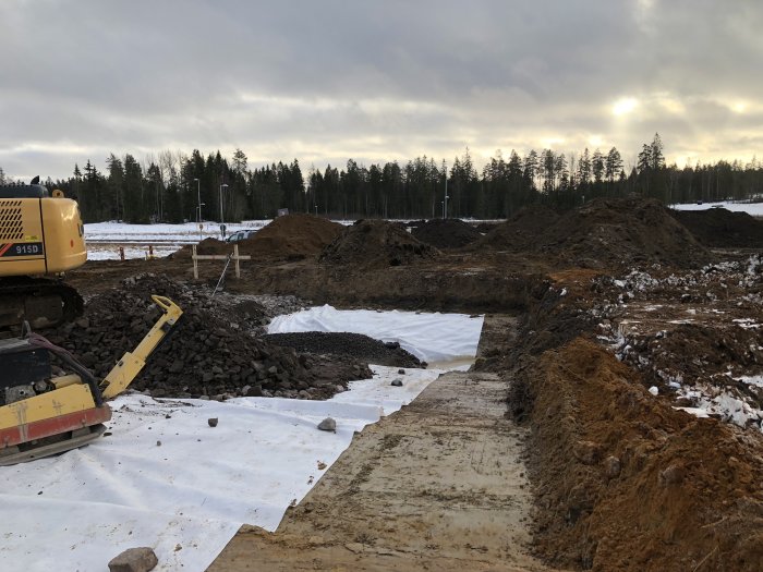 Byggarbetsplats med pågående grävarbete, högar av jord och foderväv, grävmaskin samt skog i bakgrunden.