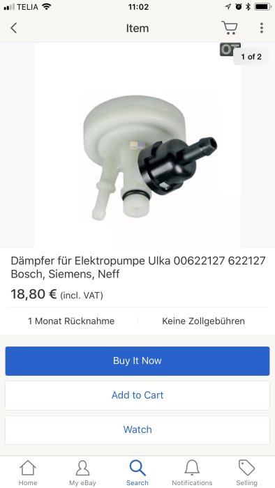 Ventil till elektrisk pump modell Ulka 00622127 för Siemens på en produktannons på eBay.