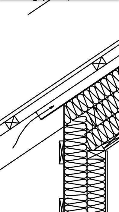 Illustration av en snittbild genom en takkonstruktion med isolering och luftspalt.