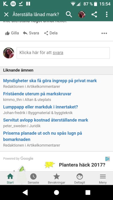 Skärmdump av diskussionsforum med förslag på liknande ämnen som "Myndigheter ska få göra ingrepp på privat mark".
