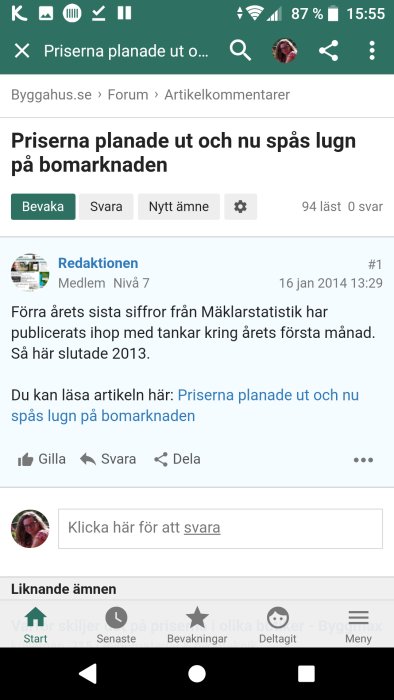 Skärmdump av forumtråd om bostadsmarknaden med titeln "Priserna planade ut och nu spås lugn på bomarknaden".