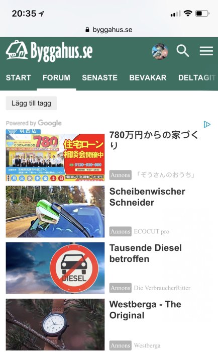 Skärmbild från Byggahus.se med olika annonser, en på kinesiska och andra på tyska, och webbsidans huvudmeny.