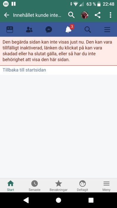 Skärmdump av en mobil webbläsare som visar ett felmeddelande om en sida som inte kan visas.