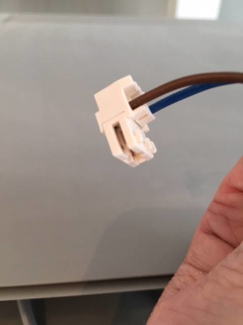 Hand håller en vit elektrisk kontakt med en brun och en blå kabel framför en grå bakgrund.