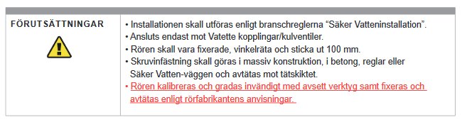 Bild på installationsinstruktioner med förutsättningar för "Säker Vatteninstallation" och varningsikon.