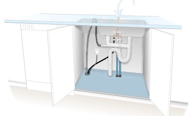 Illustration av vattenlås under diskbänk förberett för tvättmaskin med markerad utloppsslang och slangklämma.